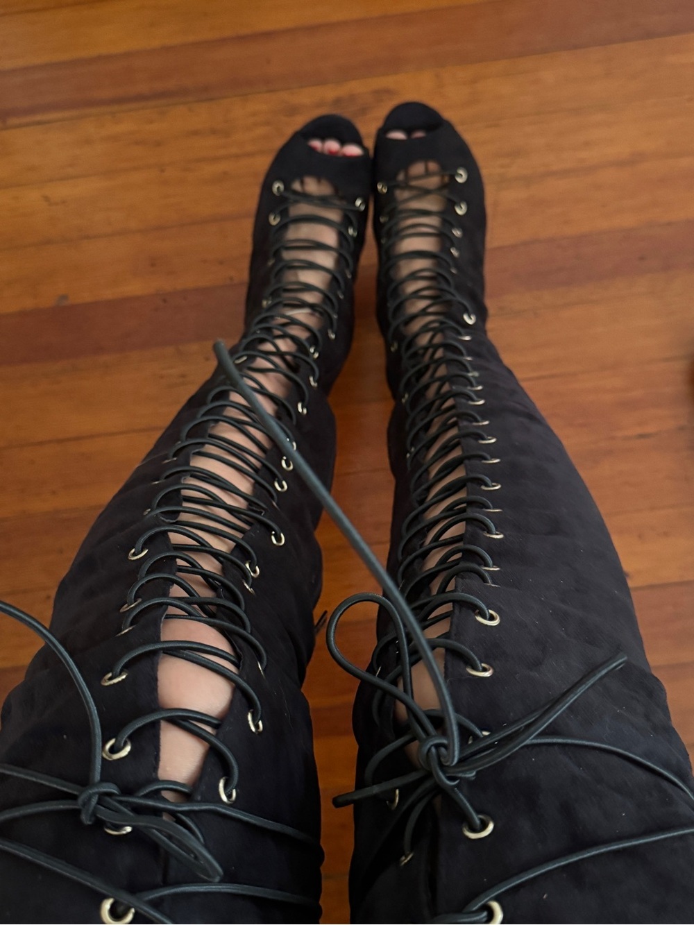 Lola Shoetique Black Lace-Up Peep-Toe Knee-High Boots